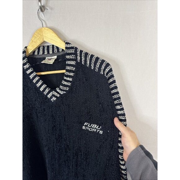 FUBU The Collection Terry Knit Sweater V-Neck Black White Mens M Korea 90s - Picture 2 of 6